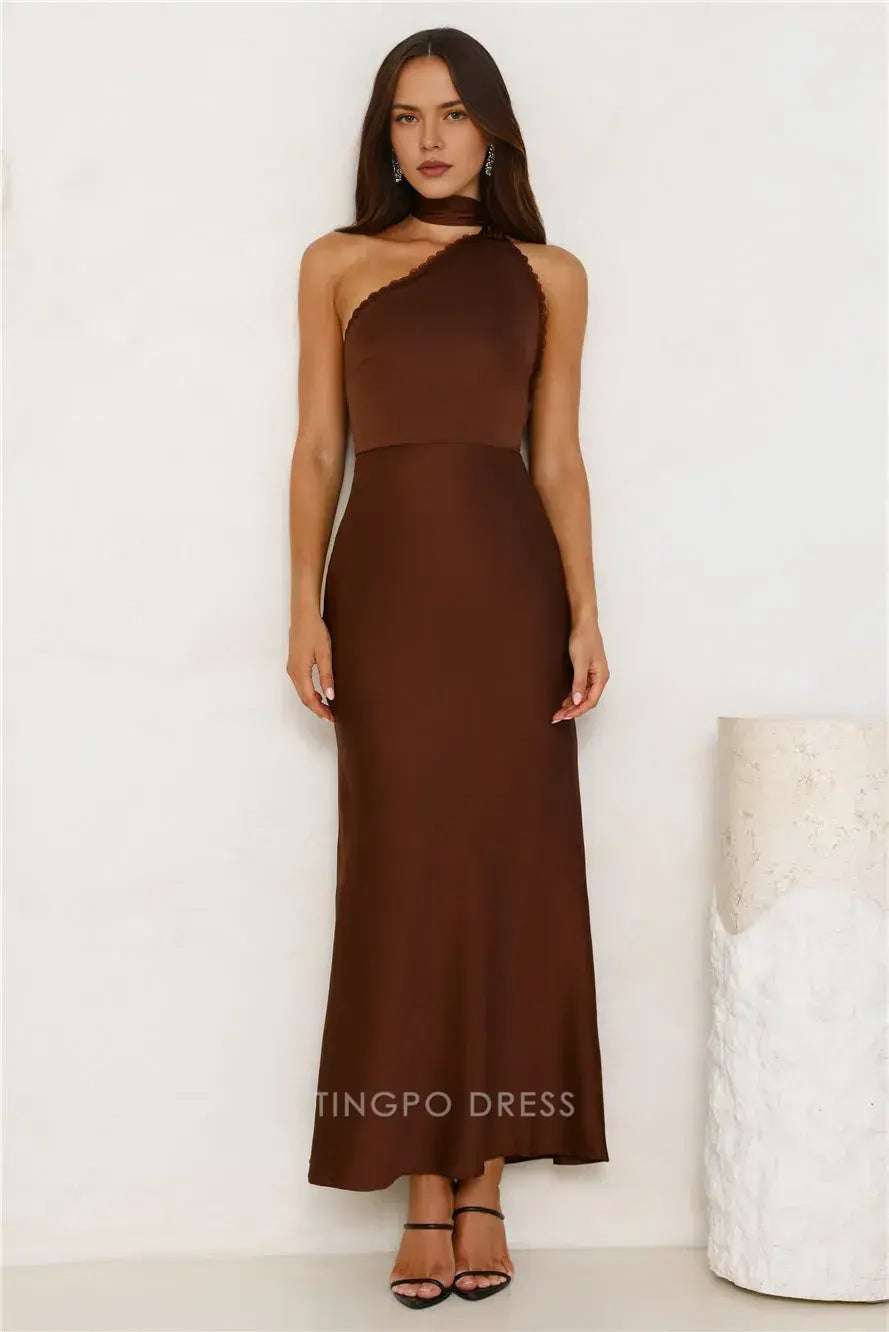 Elegant One - Shoulder Satin Maxi Dress with Neck Tie Prom Dress